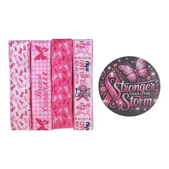 Breast Cancer Awareness Wreath Kit | Stronger Than the Storm Sign Ribbon Bundle - Picture 4 of 4